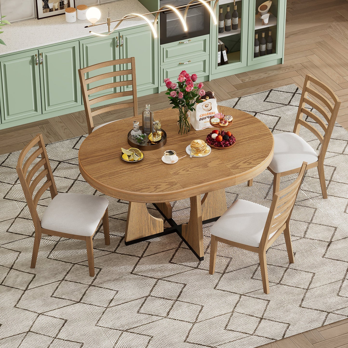 TREXM Round Dining Table for 4 with Chairs Set, Extendable Dining Table Set with 16' Removable Middle Leaf, 5 Piece Retro Dining Table Set Unique Geometric Design for Kitchen, Dining Room (Natural) - 1st Choice Furniture Direct