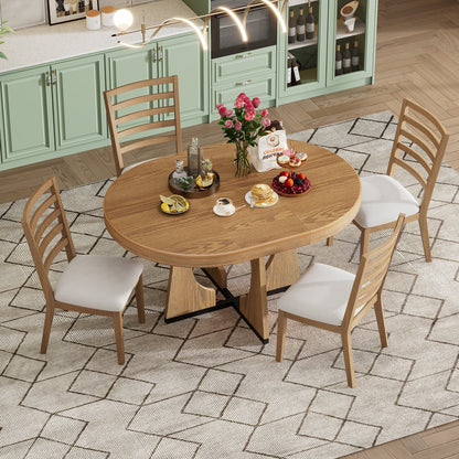 TREXM Round Dining Table for 4 with Chairs Set, Extendable Dining Table Set with 16' Removable Middle Leaf, 5 Piece Retro Dining Table Set Unique Geometric Design for Kitchen, Dining Room (Natural) - 1st Choice Furniture Direct
