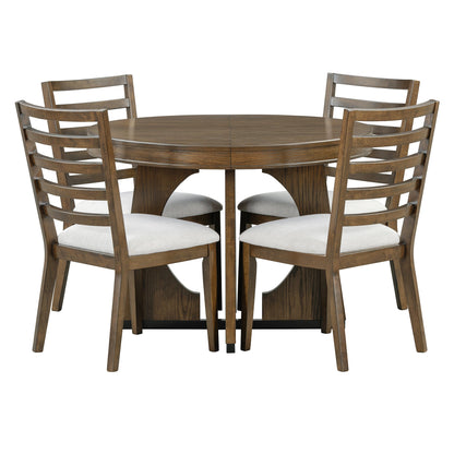 TREXM Round Dining Table for 4 with Chairs Set, Extendable Dining Table Set with 16' Removable Middle Leaf, 5 Piece Retro Dining Table Set Unique Geometric Design for Kitchen, Dining Room (Walnut) - 1st Choice Furniture Direct