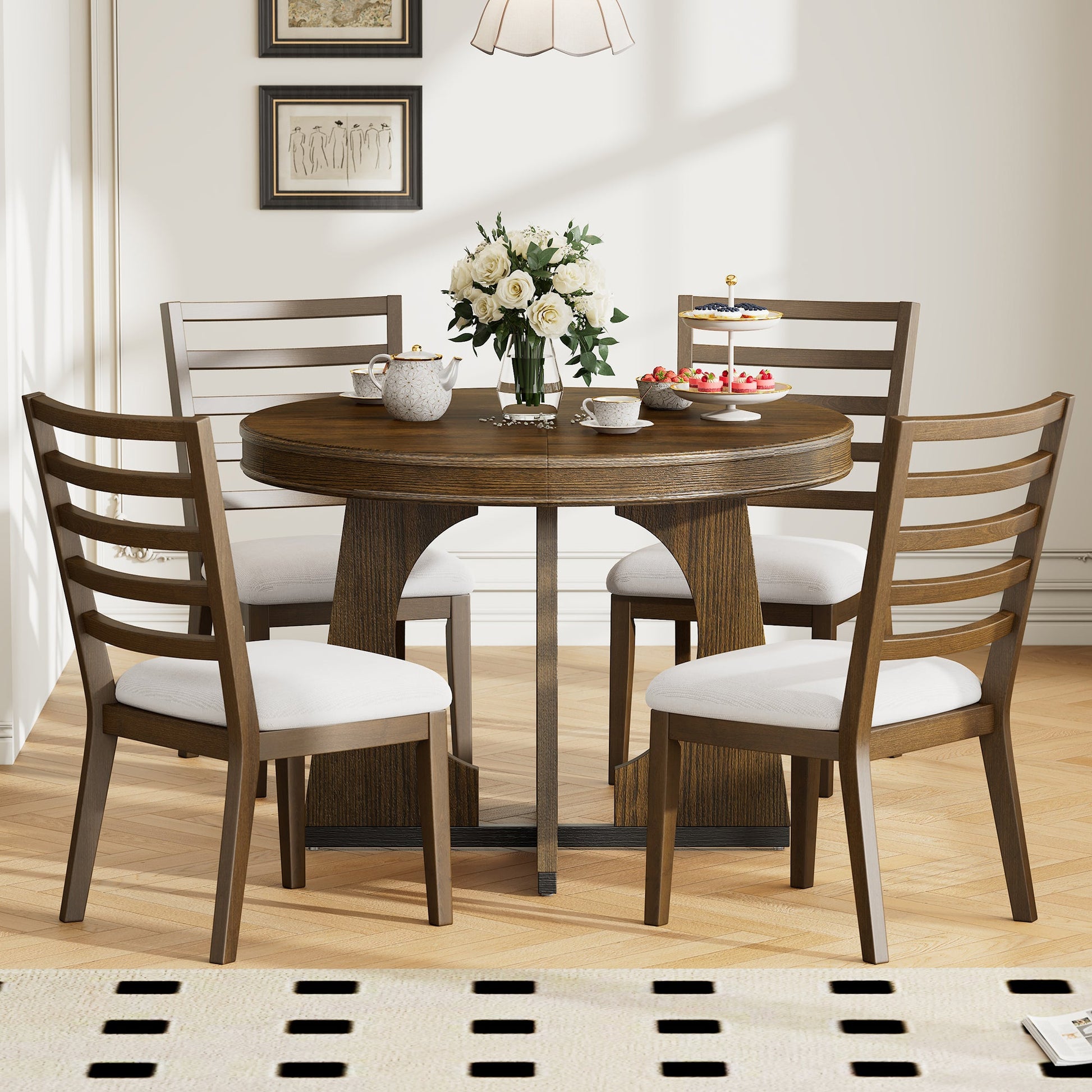 TREXM Round Dining Table for 4 with Chairs Set, Extendable Dining Table Set with 16' Removable Middle Leaf, 5 Piece Retro Dining Table Set Unique Geometric Design for Kitchen, Dining Room (Walnut) - 1st Choice Furniture Direct