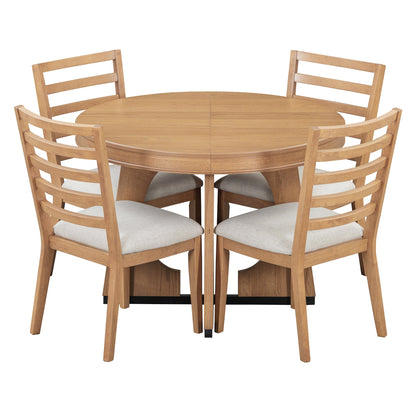 TREXM Round Dining Table for 4 with Chairs Set, Extendable Dining Table Set with 16' Removable Middle Leaf, 5 Piece Retro Dining Table Set Unique Geometric Design for Kitchen, Dining Room (Natural) - 1st Choice Furniture Direct