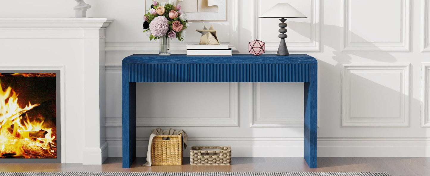 TREXM Rustic Console Table with 3 Fluted Drawers - Solid Wood Veneer Entryway Table Featuring Natural Wood Grain for Living Room, Hallway (Navy) - 1st Choice Furniture Direct