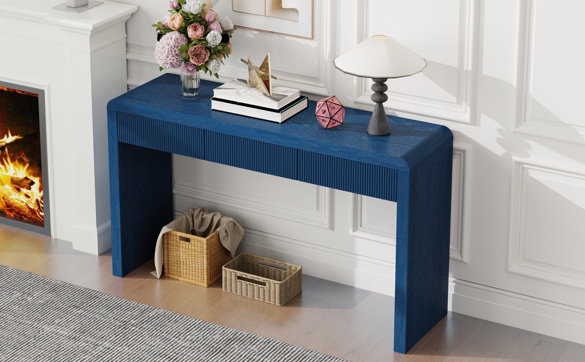 TREXM Rustic Console Table with 3 Fluted Drawers - Solid Wood Veneer Entryway Table Featuring Natural Wood Grain for Living Room, Hallway (Navy) - 1st Choice Furniture Direct