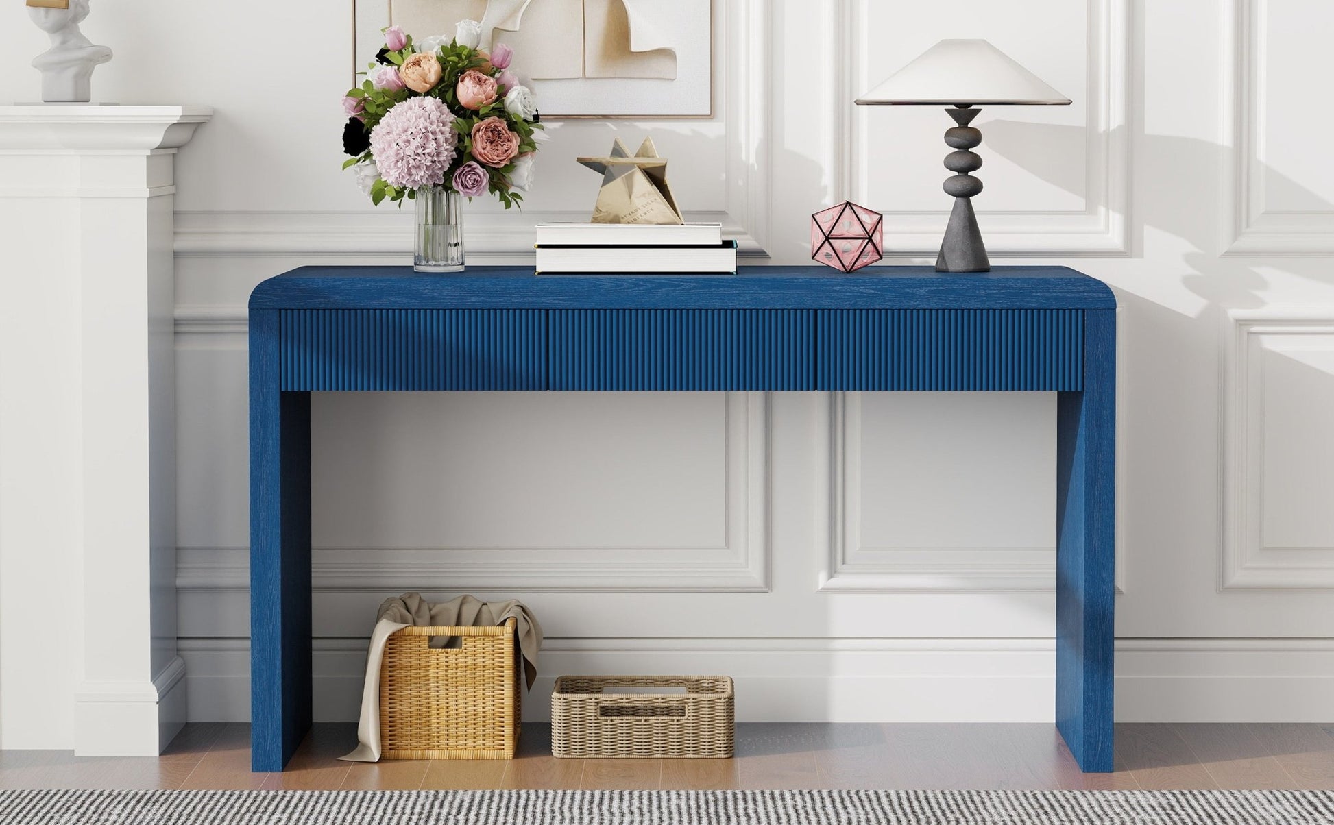 TREXM Rustic Console Table with 3 Fluted Drawers - Solid Wood Veneer Entryway Table Featuring Natural Wood Grain for Living Room, Hallway (Navy) - 1st Choice Furniture Direct