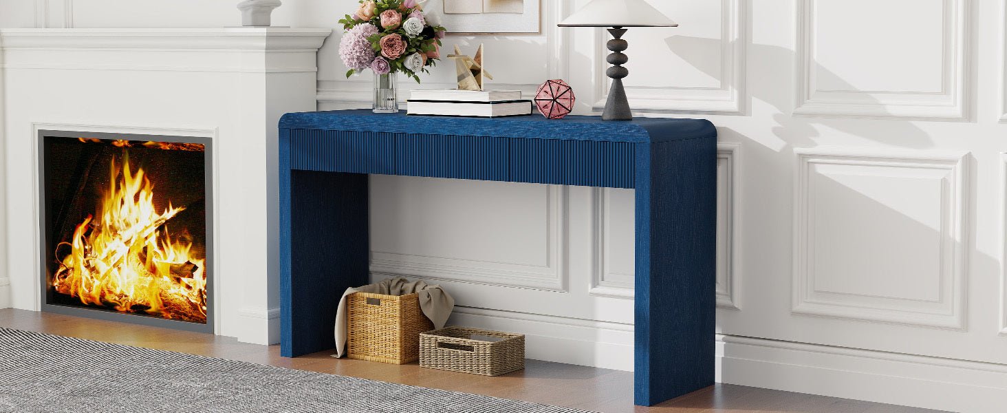 TREXM Rustic Console Table with 3 Fluted Drawers - Solid Wood Veneer Entryway Table Featuring Natural Wood Grain for Living Room, Hallway (Navy) - 1st Choice Furniture Direct