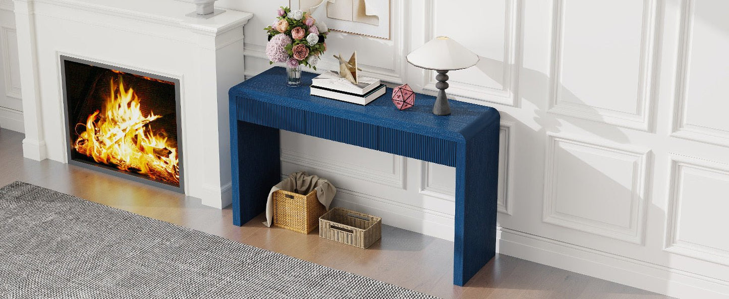 TREXM Rustic Console Table with 3 Fluted Drawers - Solid Wood Veneer Entryway Table Featuring Natural Wood Grain for Living Room, Hallway (Navy) - 1st Choice Furniture Direct