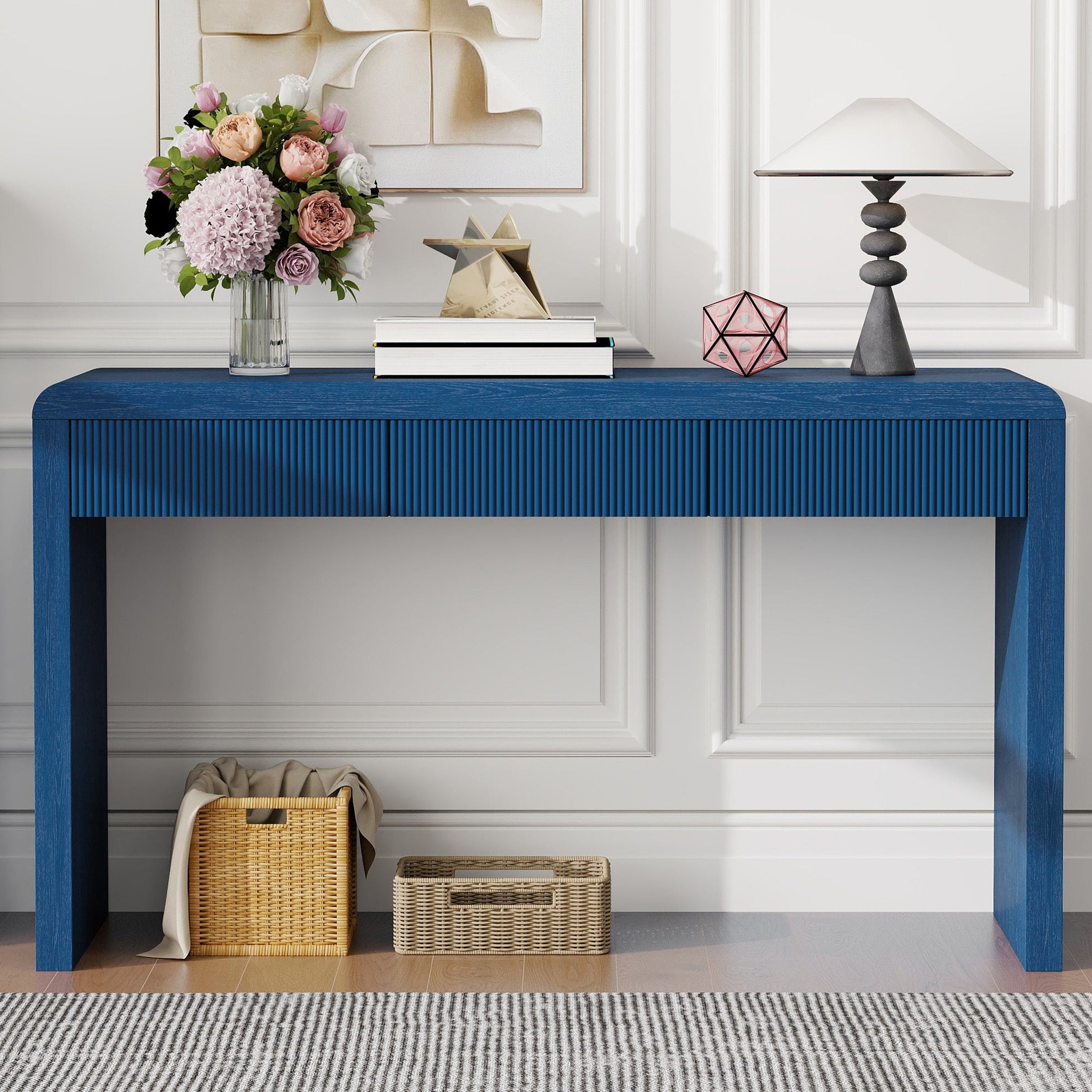 TREXM Rustic Console Table with 3 Fluted Drawers - Solid Wood Veneer Entryway Table Featuring Natural Wood Grain for Living Room, Hallway (Navy) - 1st Choice Furniture Direct
