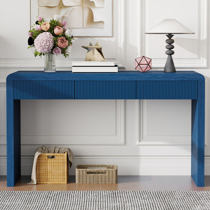 TREXM Rustic Console Table with 3 Fluted Drawers - Solid Wood Veneer Entryway Table Featuring Natural Wood Grain for Living Room, Hallway (Navy) - 1st Choice Furniture Direct