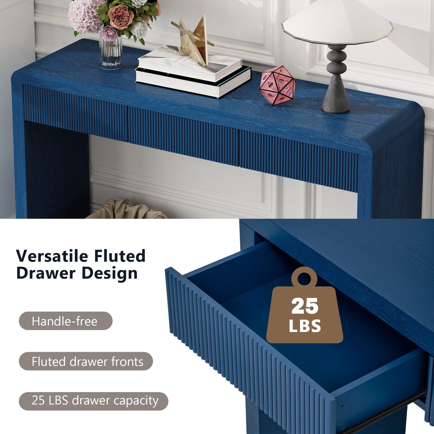 TREXM Rustic Console Table with 3 Fluted Drawers - Solid Wood Veneer Entryway Table Featuring Natural Wood Grain for Living Room, Hallway (Navy) - 1st Choice Furniture Direct
