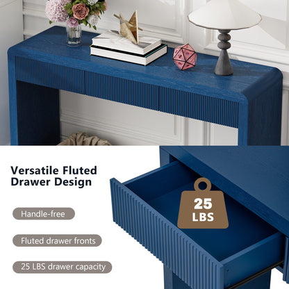TREXM Rustic Console Table with 3 Fluted Drawers - Solid Wood Veneer Entryway Table Featuring Natural Wood Grain for Living Room, Hallway (Navy) - 1st Choice Furniture Direct