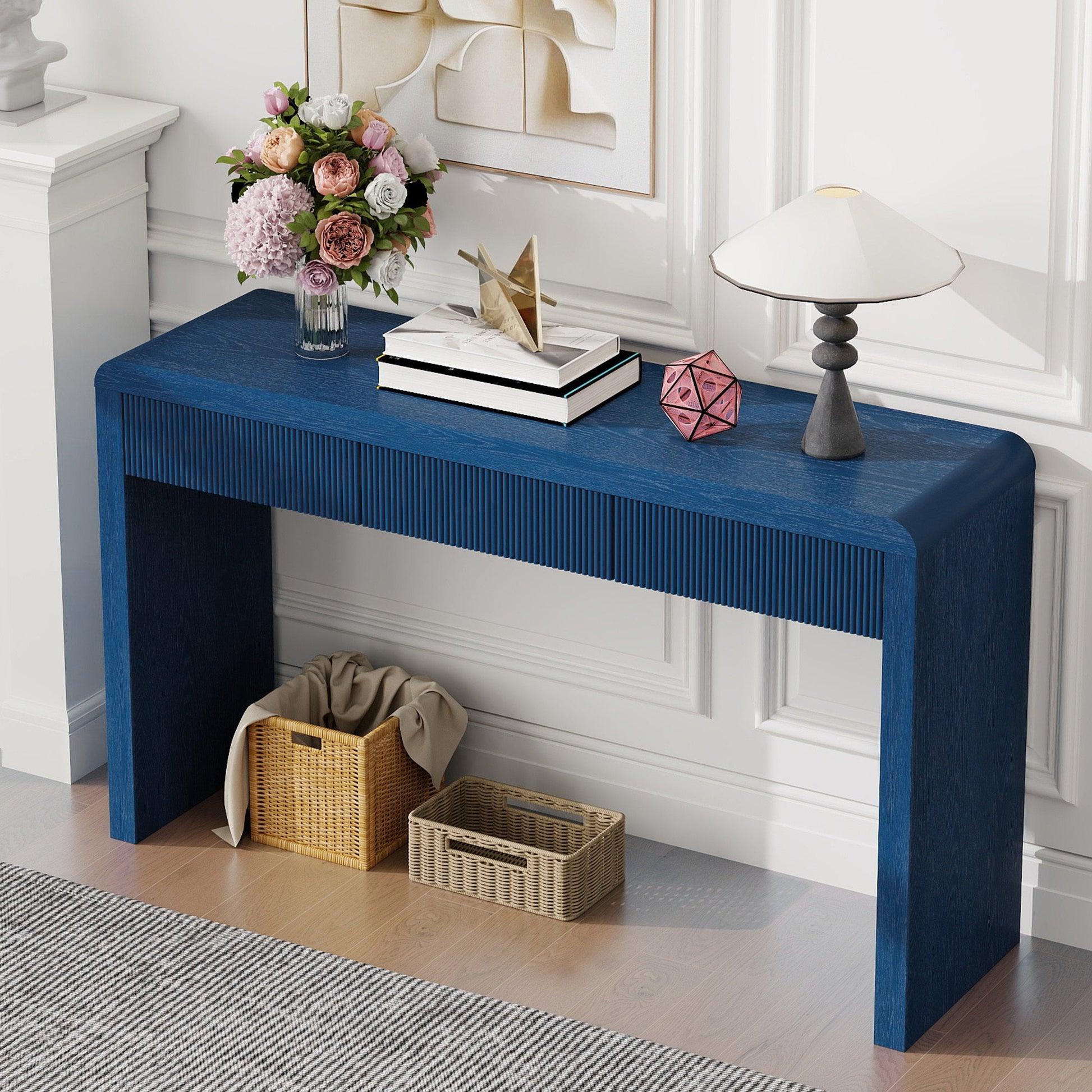 TREXM Rustic Console Table with 3 Fluted Drawers - Solid Wood Veneer Entryway Table Featuring Natural Wood Grain for Living Room, Hallway (Navy) - 1st Choice Furniture Direct