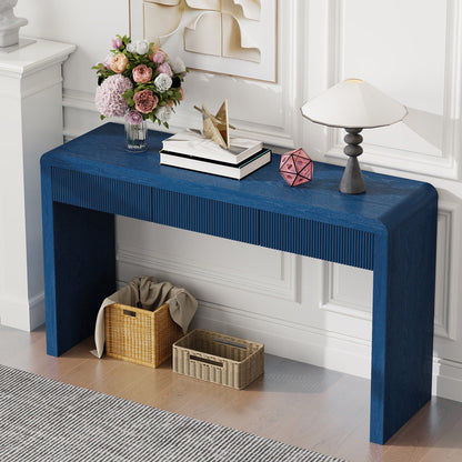 TREXM Rustic Console Table with 3 Fluted Drawers - Solid Wood Veneer Entryway Table Featuring Natural Wood Grain for Living Room, Hallway (Navy) - 1st Choice Furniture Direct