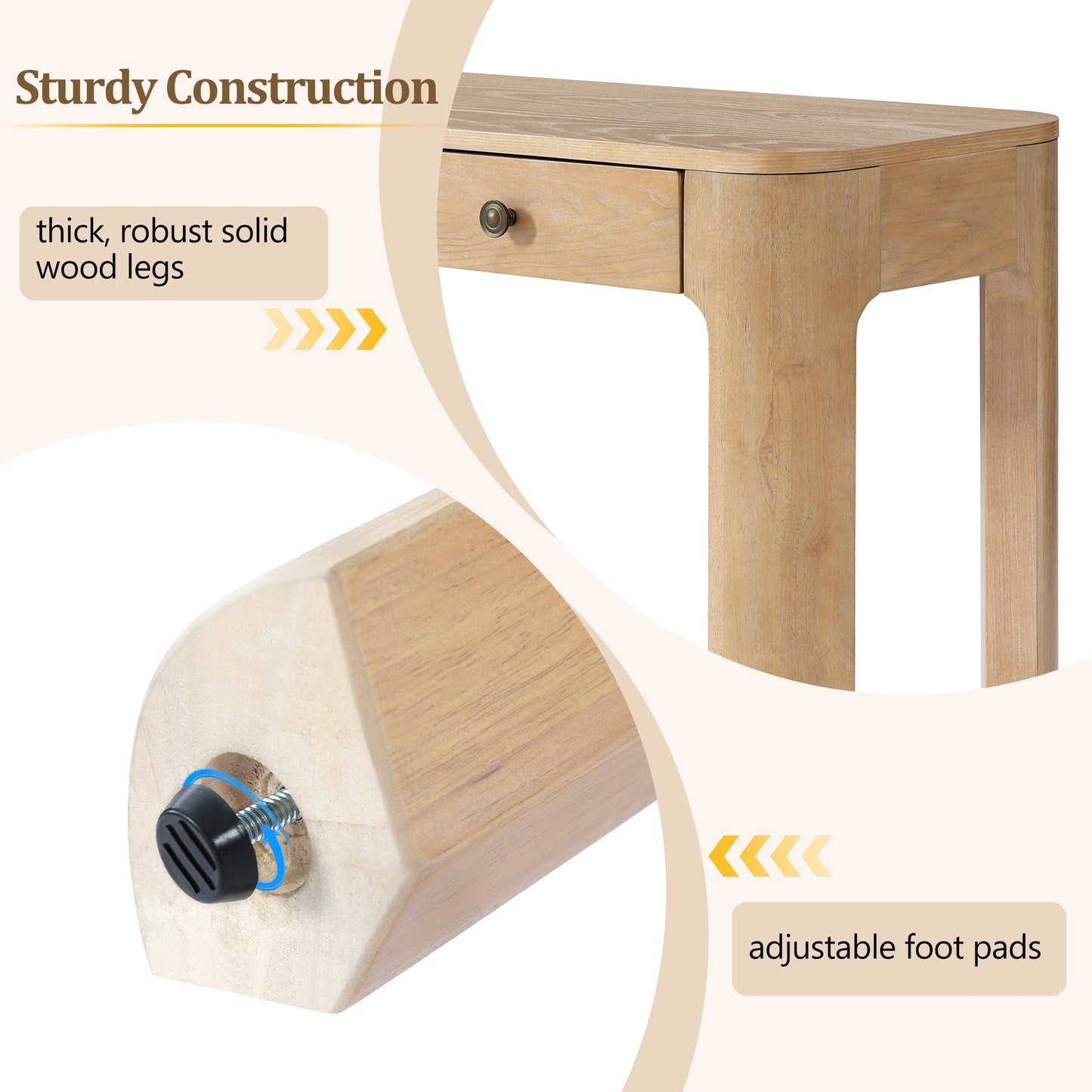 TREXM Rustic Console Table with Curved Corners for Safety, Entryway Table with 3 Concealed Drawers, Sturdy Sofa Table with Thick Legs for Hallway & Living Room (Light Oak) - 1st Choice Furniture Direct