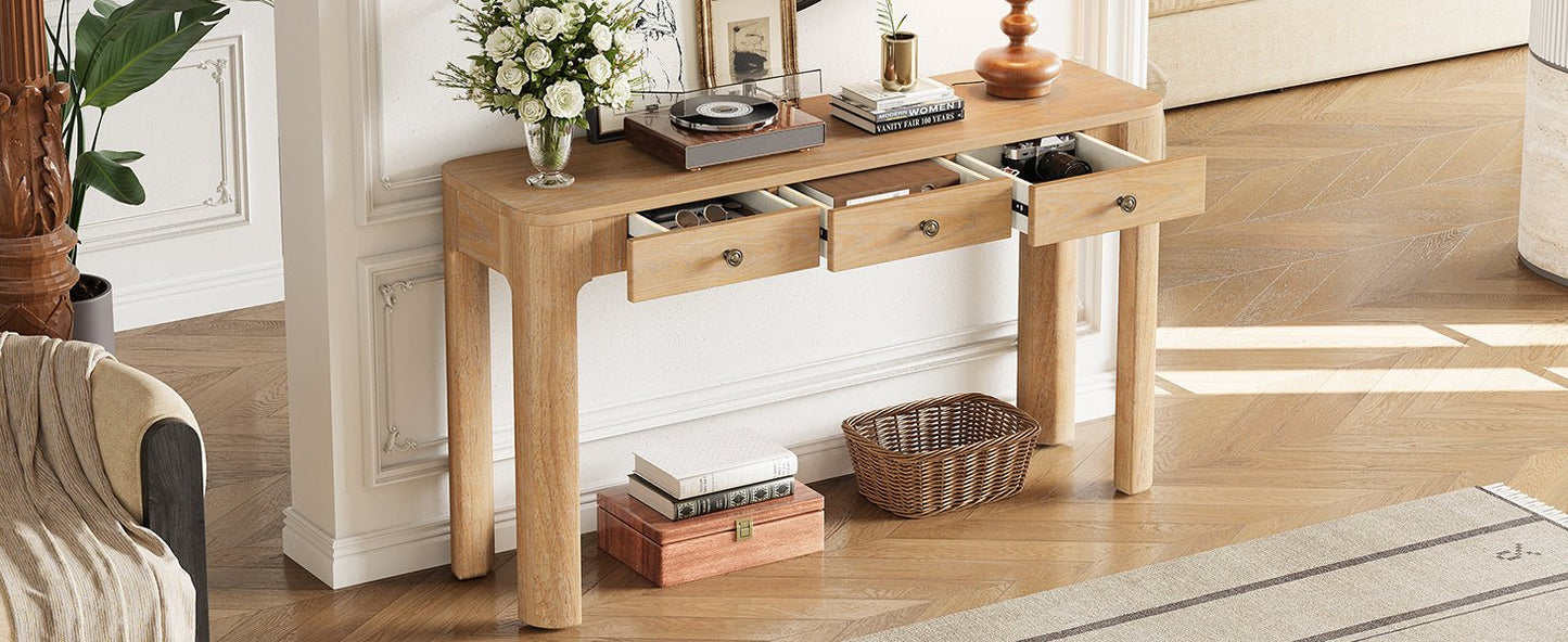 TREXM Rustic Console Table with Curved Corners for Safety, Entryway Table with 3 Concealed Drawers, Sturdy Sofa Table with Thick Legs for Hallway & Living Room (Light Oak) - 1st Choice Furniture Direct