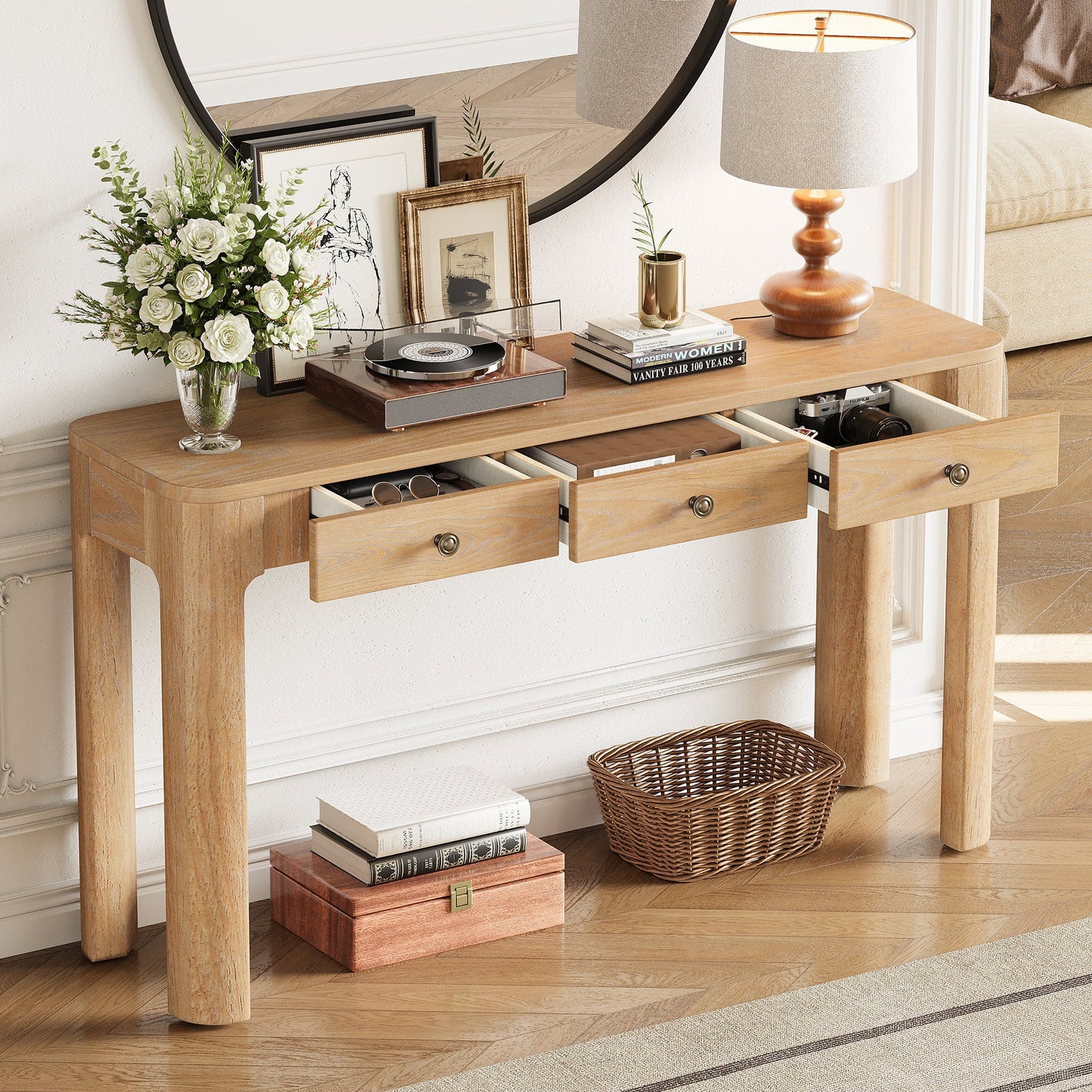 TREXM Rustic Console Table with Curved Corners for Safety, Entryway Table with 3 Concealed Drawers, Sturdy Sofa Table with Thick Legs for Hallway & Living Room (Light Oak) - 1st Choice Furniture Direct