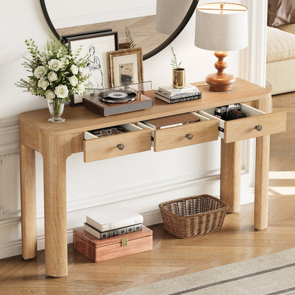 TREXM Rustic Console Table with Curved Corners for Safety, Entryway Table with 3 Concealed Drawers, Sturdy Sofa Table with Thick Legs for Hallway & Living Room (Light Oak) - 1st Choice Furniture Direct
