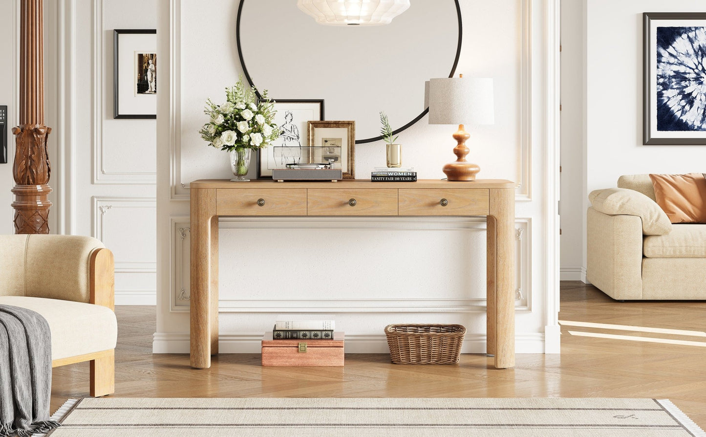TREXM Rustic Console Table with Curved Corners for Safety, Entryway Table with 3 Concealed Drawers, Sturdy Sofa Table with Thick Legs for Hallway & Living Room (Light Oak) - 1st Choice Furniture Direct