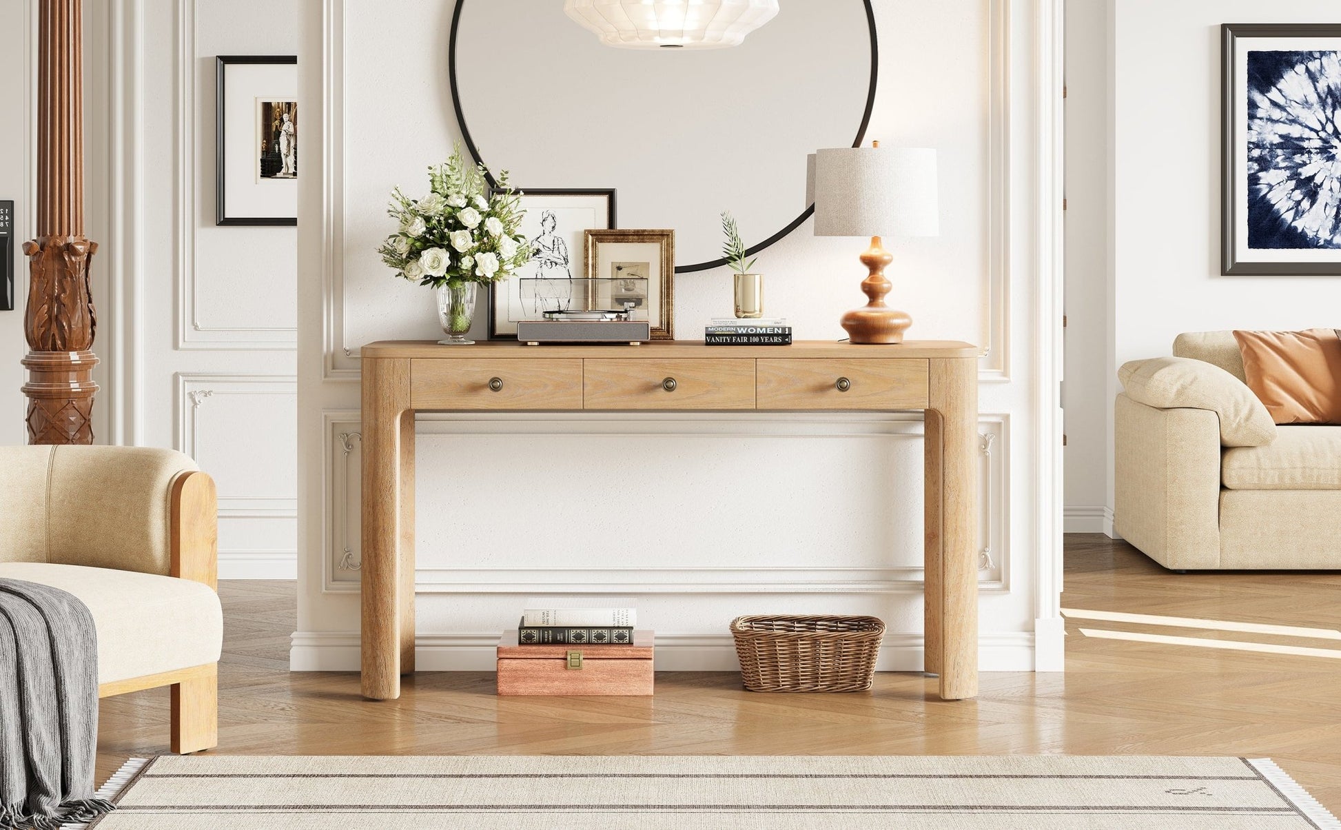 TREXM Rustic Console Table with Curved Corners for Safety, Entryway Table with 3 Concealed Drawers, Sturdy Sofa Table with Thick Legs for Hallway & Living Room (Light Oak) - 1st Choice Furniture Direct