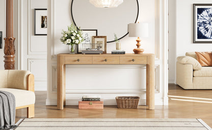 TREXM Rustic Console Table with Curved Corners for Safety, Entryway Table with 3 Concealed Drawers, Sturdy Sofa Table with Thick Legs for Hallway & Living Room (Light Oak) - 1st Choice Furniture Direct