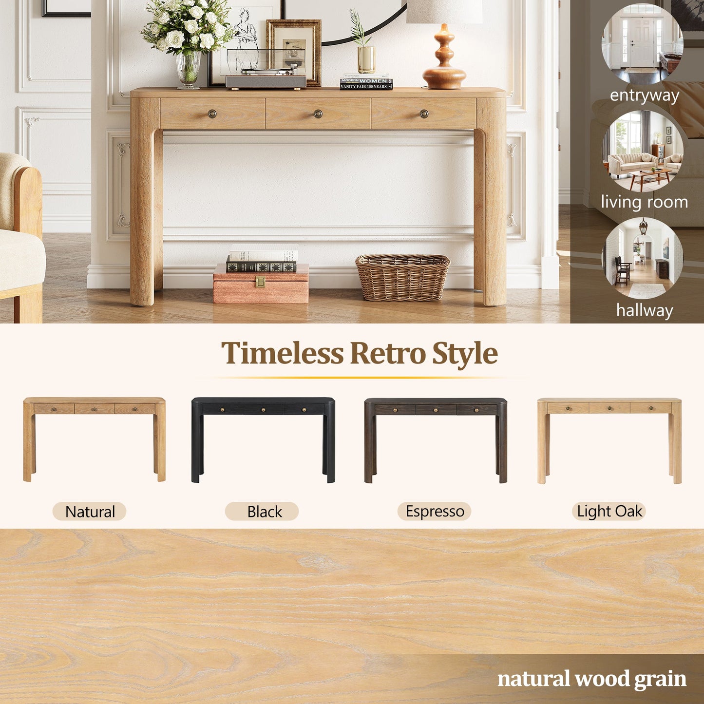 TREXM Rustic Console Table with Curved Corners for Safety, Entryway Table with 3 Concealed Drawers, Sturdy Sofa Table with Thick Legs for Hallway & Living Room (Light Oak) - 1st Choice Furniture Direct