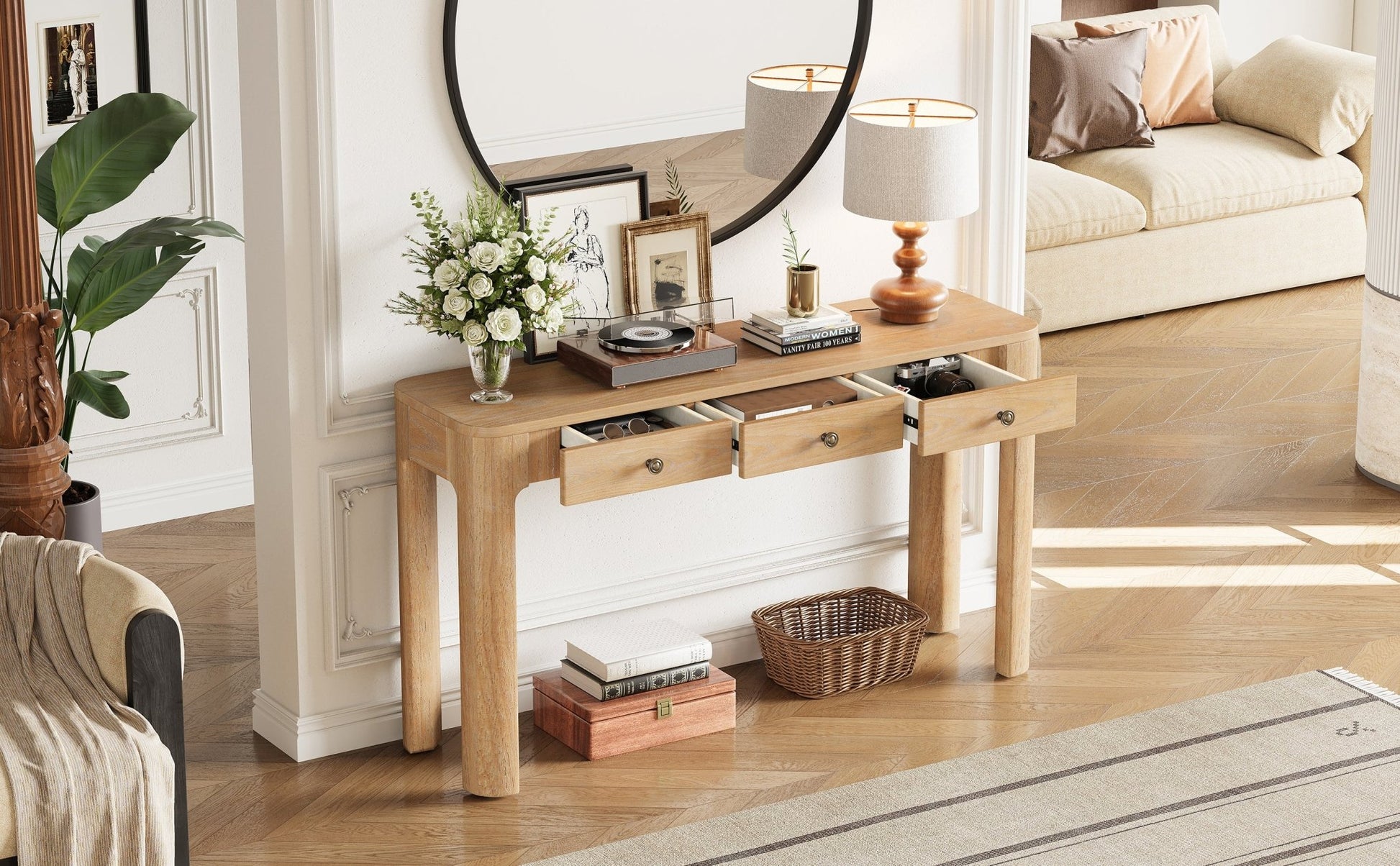 TREXM Rustic Console Table with Curved Corners for Safety, Entryway Table with 3 Concealed Drawers, Sturdy Sofa Table with Thick Legs for Hallway & Living Room (Light Oak) - 1st Choice Furniture Direct