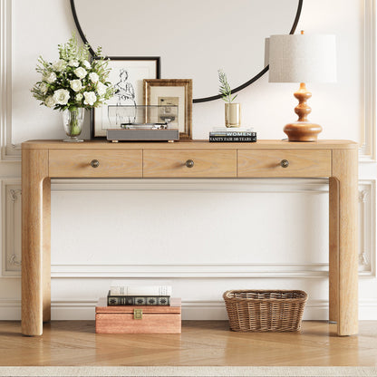 TREXM Rustic Console Table with Curved Corners for Safety, Entryway Table with 3 Concealed Drawers, Sturdy Sofa Table with Thick Legs for Hallway & Living Room (Light Oak) - 1st Choice Furniture Direct