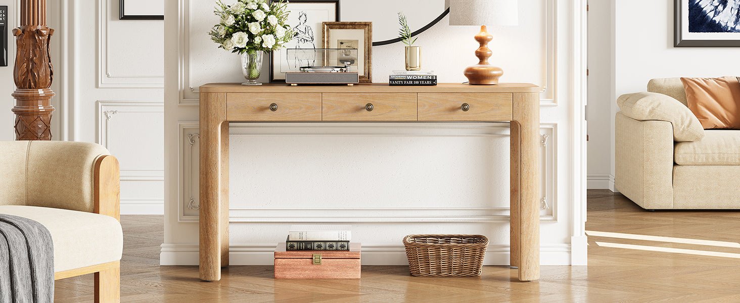 TREXM Rustic Console Table with Curved Corners for Safety, Entryway Table with 3 Concealed Drawers, Sturdy Sofa Table with Thick Legs for Hallway & Living Room (Light Oak) - 1st Choice Furniture Direct