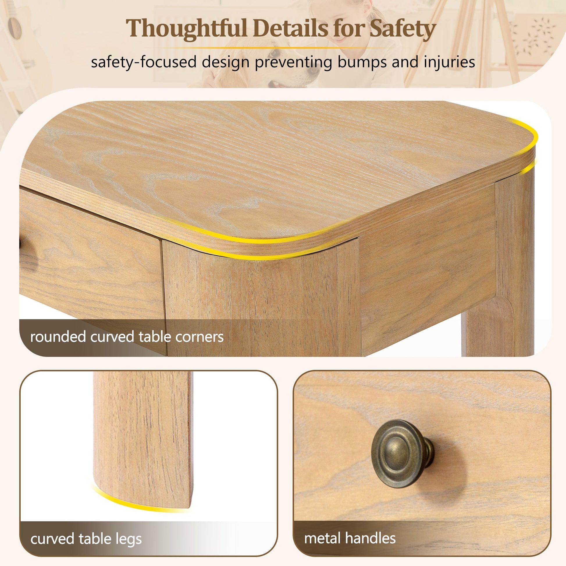 TREXM Rustic Console Table with Curved Corners for Safety, Entryway Table with 3 Concealed Drawers, Sturdy Sofa Table with Thick Legs for Hallway & Living Room (Light Oak) - 1st Choice Furniture Direct