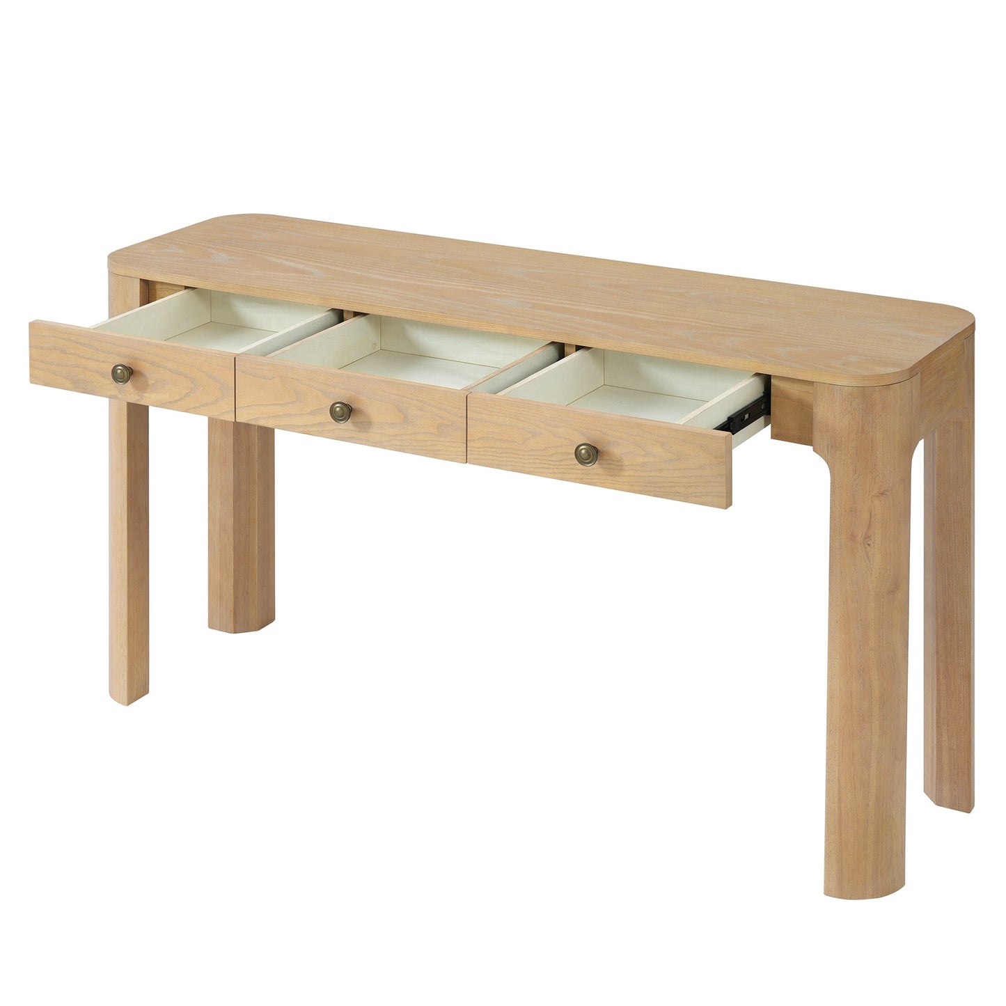 TREXM Rustic Console Table with Curved Corners for Safety, Entryway Table with 3 Concealed Drawers, Sturdy Sofa Table with Thick Legs for Hallway & Living Room (Light Oak) - 1st Choice Furniture Direct