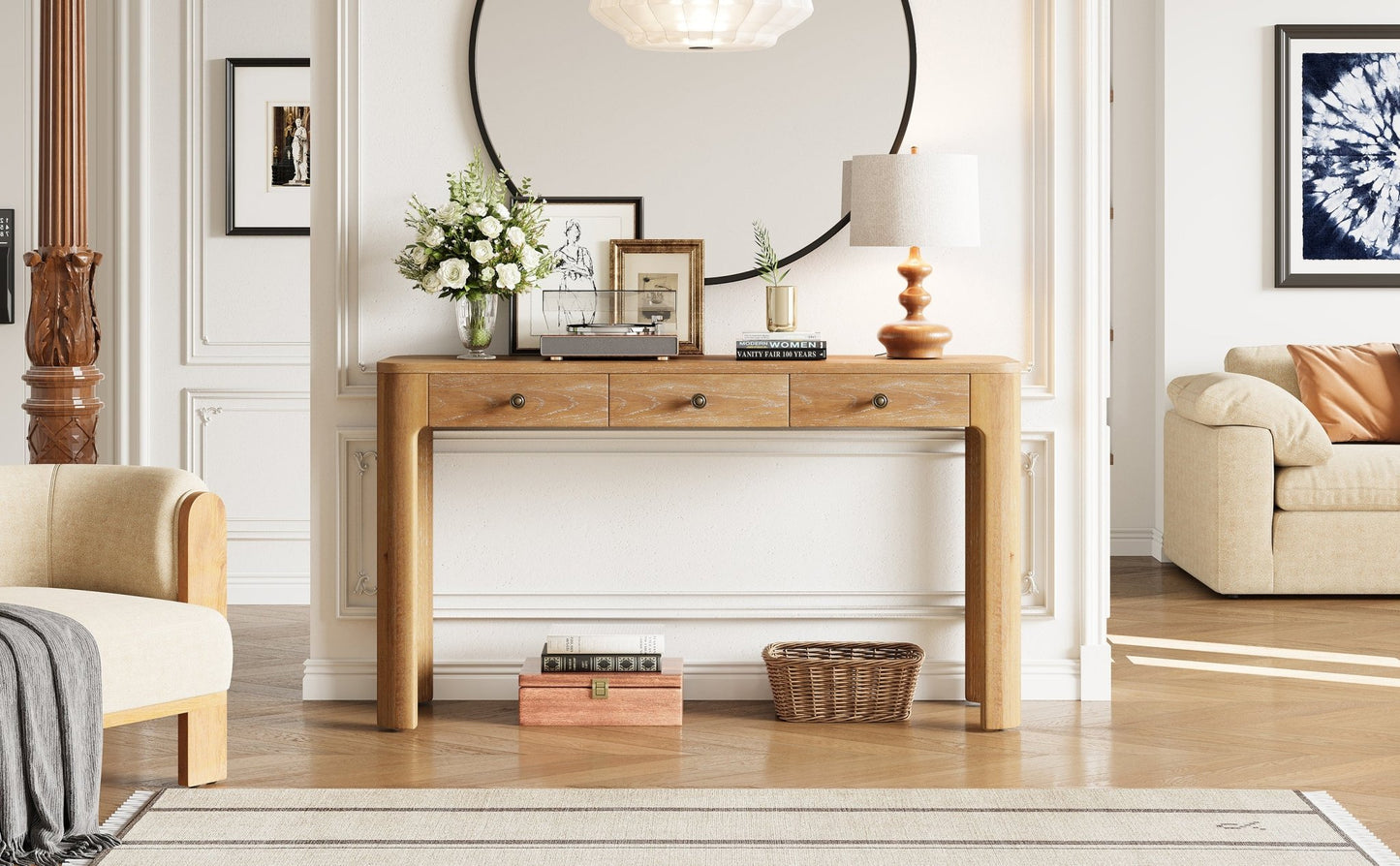 TREXM Rustic Console Table with Curved Corners for Safety, Entryway Table with 3 Concealed Drawers, Sturdy Sofa Table with Thick Legs for Hallway & Living Room (Natural) - 1st Choice Furniture Direct