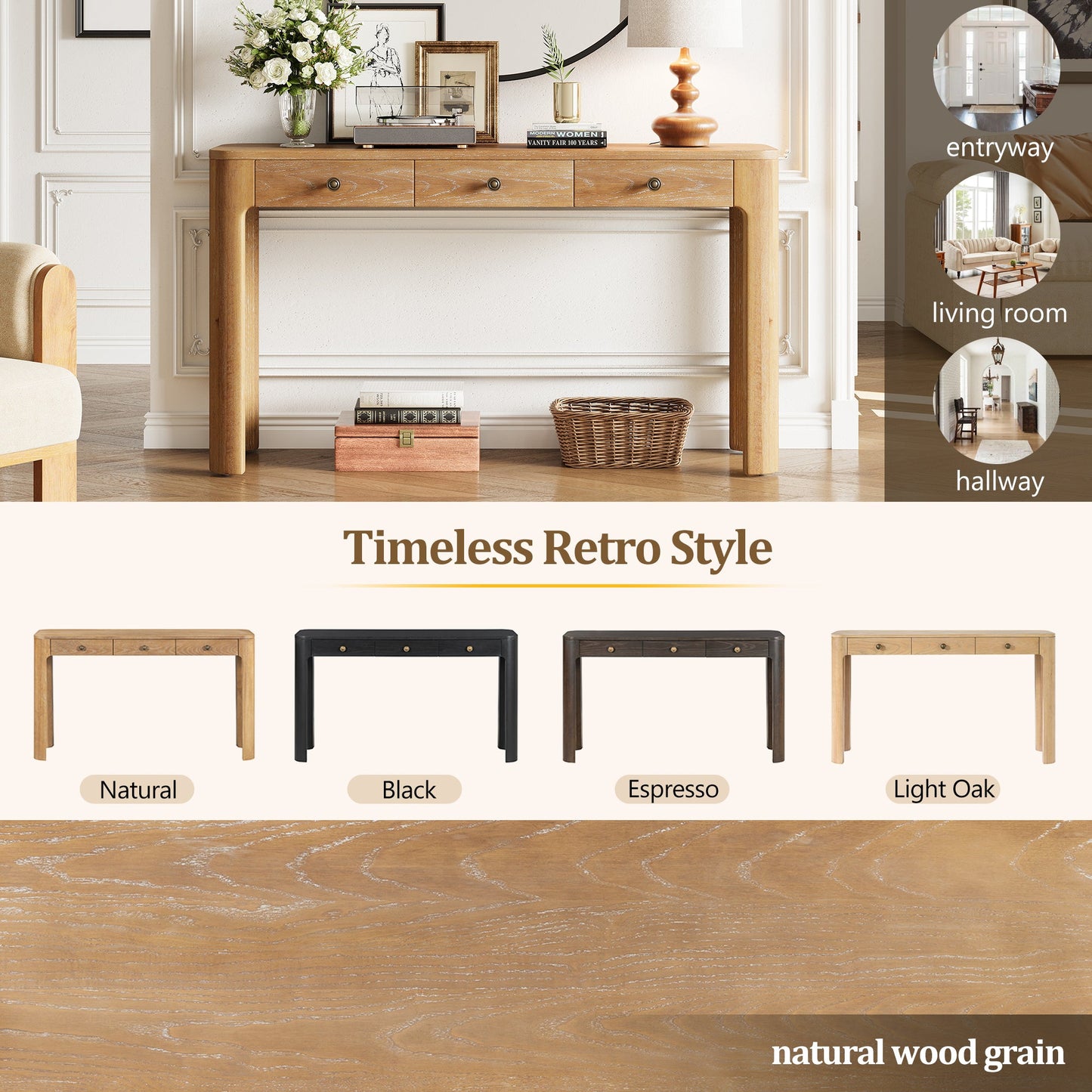 TREXM Rustic Console Table with Curved Corners for Safety, Entryway Table with 3 Concealed Drawers, Sturdy Sofa Table with Thick Legs for Hallway & Living Room (Natural) - 1st Choice Furniture Direct