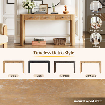 TREXM Rustic Console Table with Curved Corners for Safety, Entryway Table with 3 Concealed Drawers, Sturdy Sofa Table with Thick Legs for Hallway & Living Room (Natural) - 1st Choice Furniture Direct