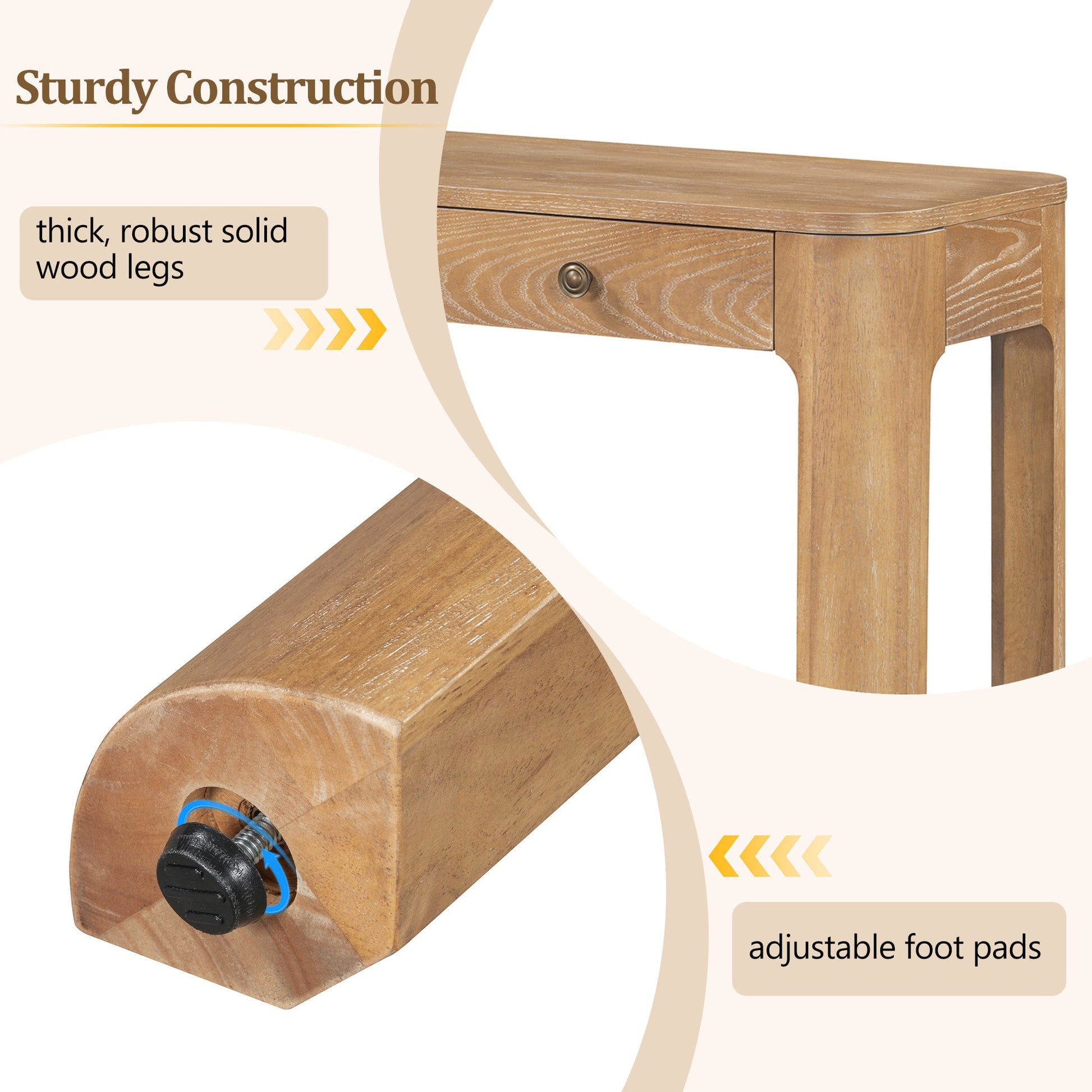TREXM Rustic Console Table with Curved Corners for Safety, Entryway Table with 3 Concealed Drawers, Sturdy Sofa Table with Thick Legs for Hallway & Living Room (Natural) - 1st Choice Furniture Direct