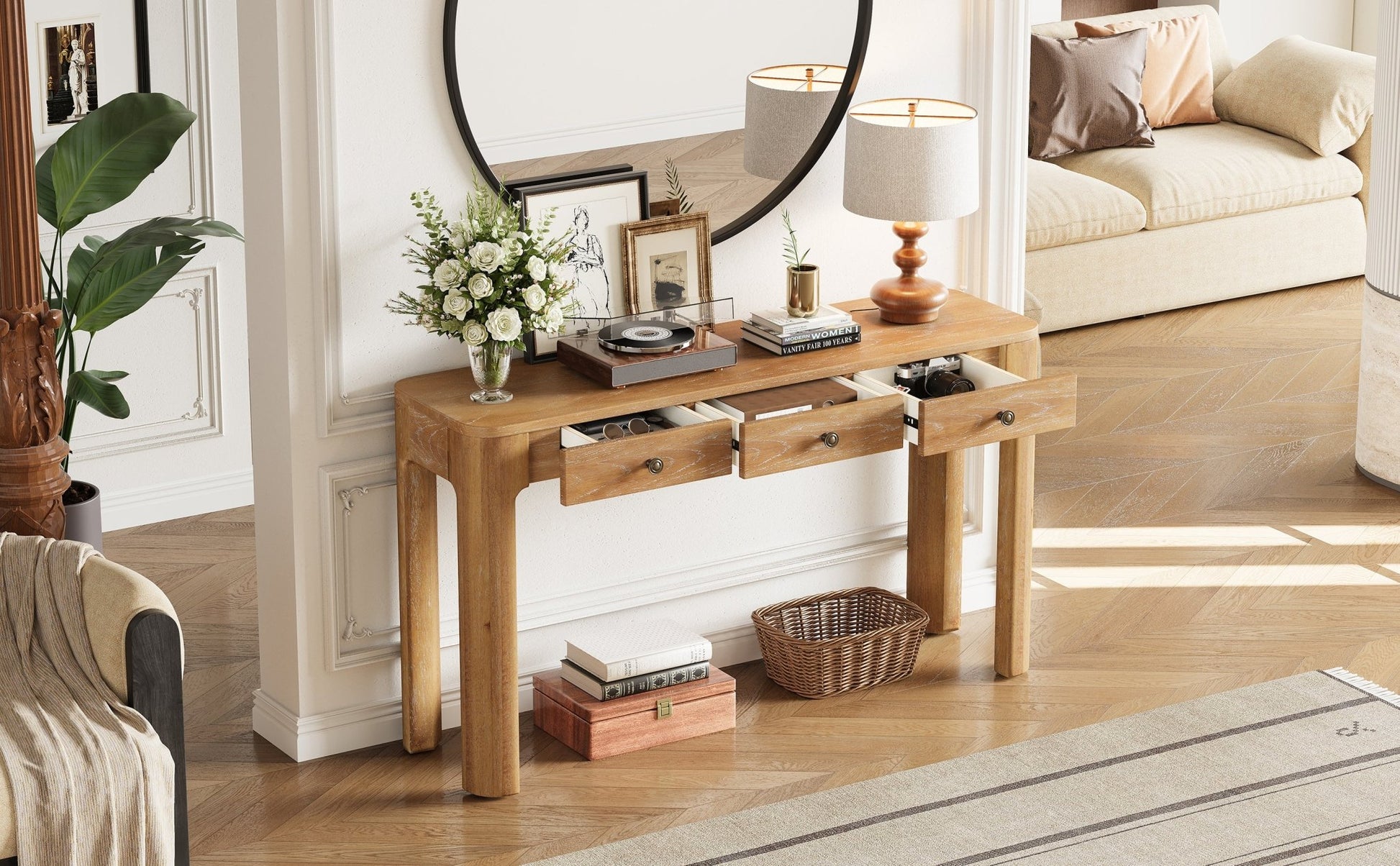 TREXM Rustic Console Table with Curved Corners for Safety, Entryway Table with 3 Concealed Drawers, Sturdy Sofa Table with Thick Legs for Hallway & Living Room (Natural) - 1st Choice Furniture Direct