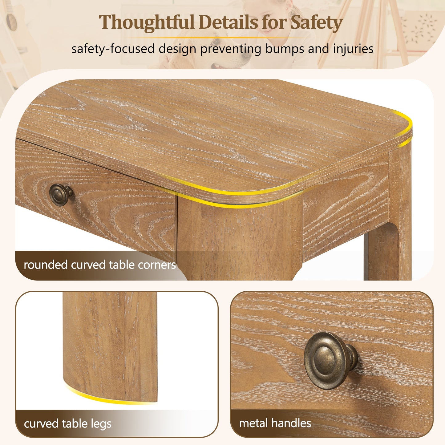 TREXM Rustic Console Table with Curved Corners for Safety, Entryway Table with 3 Concealed Drawers, Sturdy Sofa Table with Thick Legs for Hallway & Living Room (Natural) - 1st Choice Furniture Direct