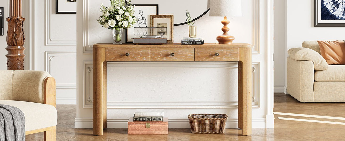 TREXM Rustic Console Table with Curved Corners for Safety, Entryway Table with 3 Concealed Drawers, Sturdy Sofa Table with Thick Legs for Hallway & Living Room (Natural) - 1st Choice Furniture Direct