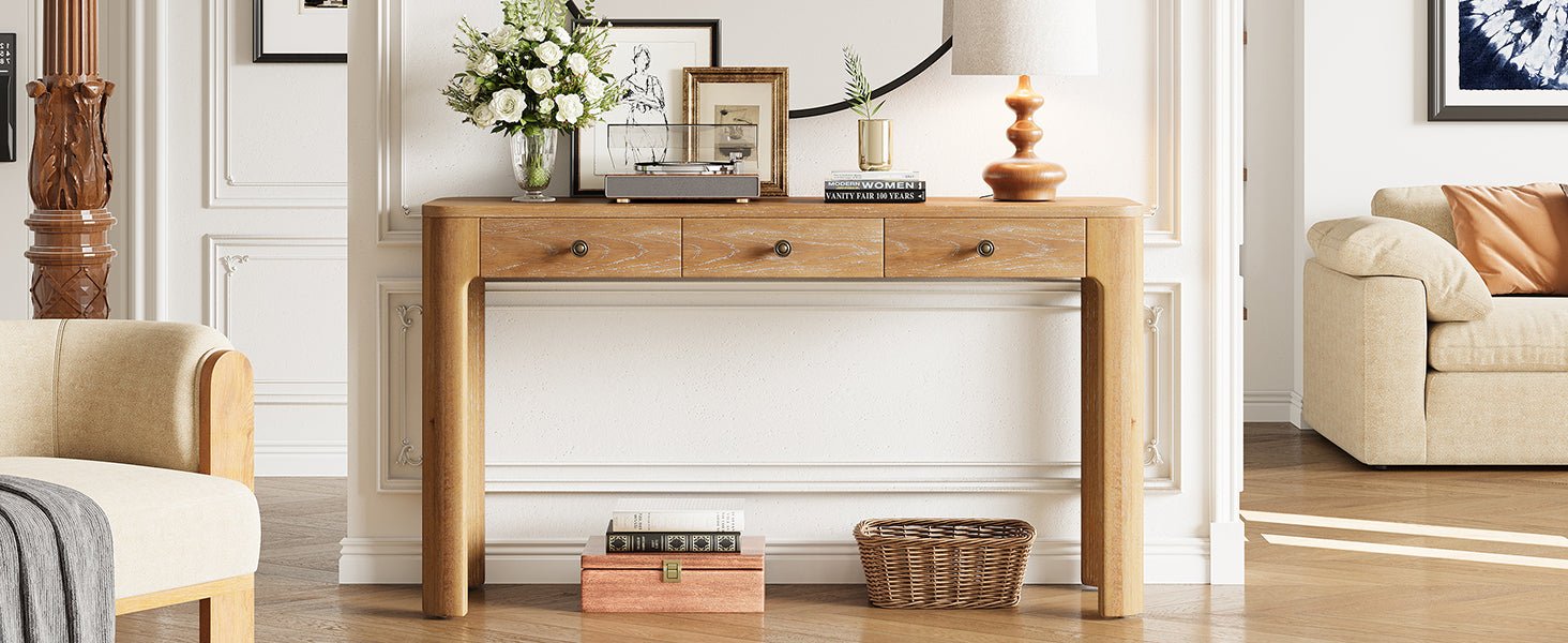 TREXM Rustic Console Table with Curved Corners for Safety, Entryway Table with 3 Concealed Drawers, Sturdy Sofa Table with Thick Legs for Hallway & Living Room (Natural) - 1st Choice Furniture Direct
