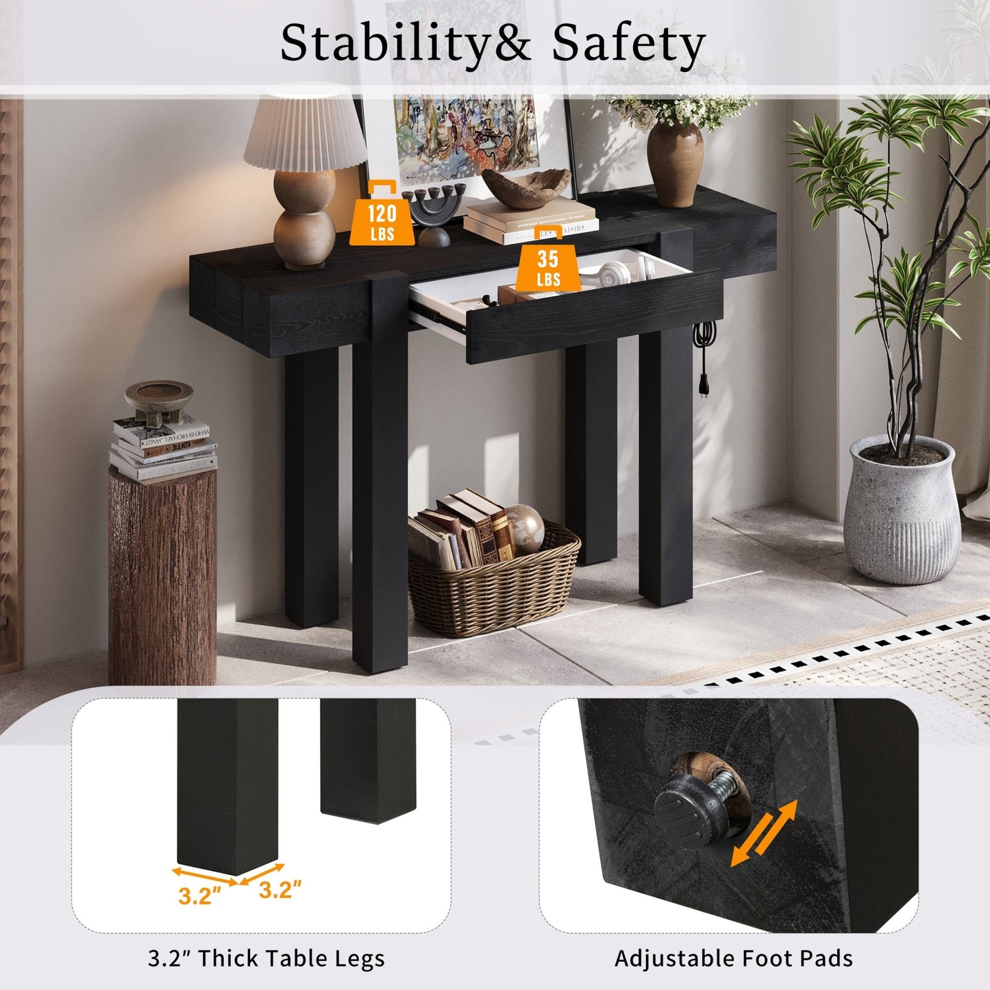 TREXM Rustic Minimalist Console Table with Hidden Drawer, Side Power Outlet,Wood Entryway Table for Entryways, Living Rooms and Home Offices(Black) - 1st Choice Furniture Direct