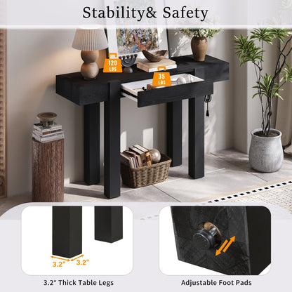 TREXM Rustic Minimalist Console Table with Hidden Drawer, Side Power Outlet,Wood Entryway Table for Entryways, Living Rooms and Home Offices(Black) - 1st Choice Furniture Direct