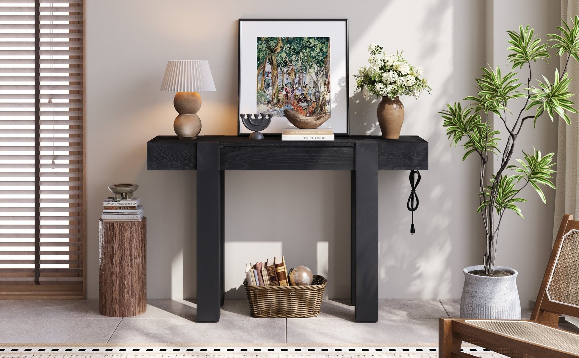 TREXM Rustic Minimalist Console Table with Hidden Drawer, Side Power Outlet,Wood Entryway Table for Entryways, Living Rooms and Home Offices(Black) - 1st Choice Furniture Direct