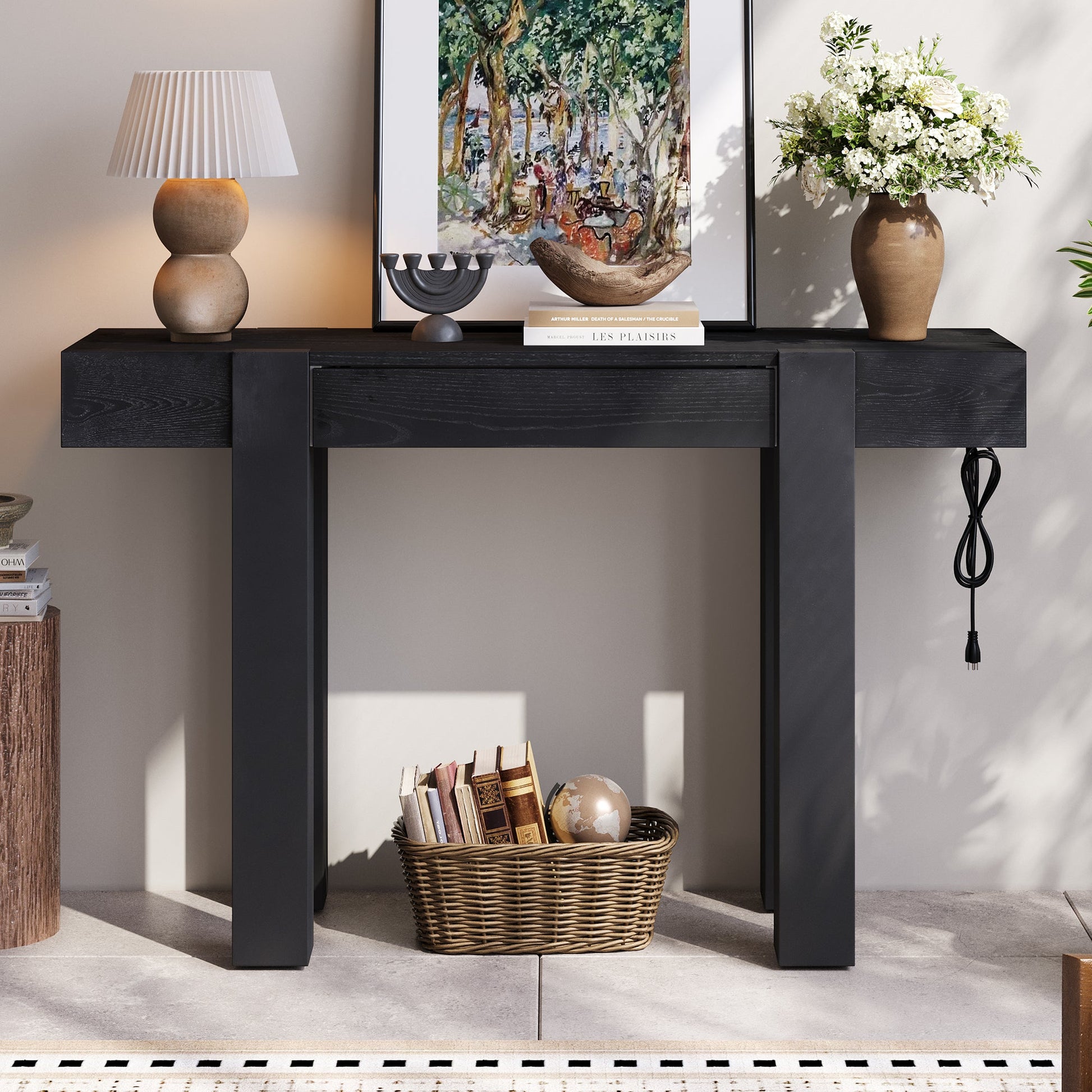 TREXM Rustic Minimalist Console Table with Hidden Drawer, Side Power Outlet,Wood Entryway Table for Entryways, Living Rooms and Home Offices(Black) - 1st Choice Furniture Direct