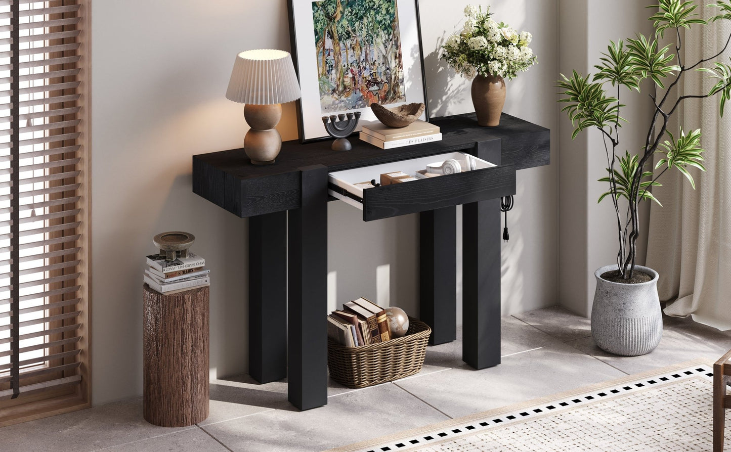 TREXM Rustic Minimalist Console Table with Hidden Drawer, Side Power Outlet,Wood Entryway Table for Entryways, Living Rooms and Home Offices(Black) - 1st Choice Furniture Direct
