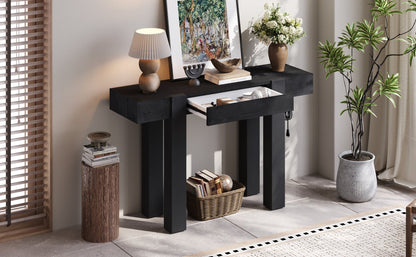 TREXM Rustic Minimalist Console Table with Hidden Drawer, Side Power Outlet,Wood Entryway Table for Entryways, Living Rooms and Home Offices(Black) - 1st Choice Furniture Direct
