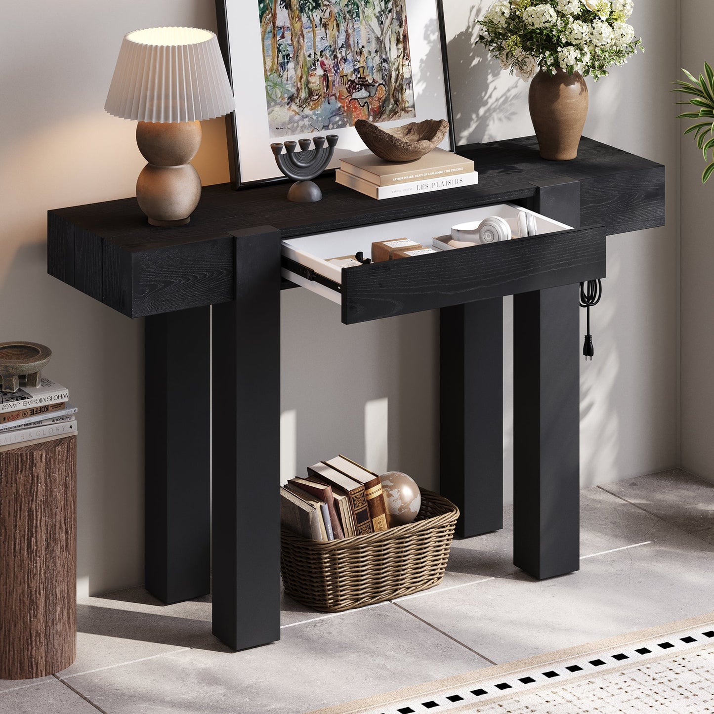 TREXM Rustic Minimalist Console Table with Hidden Drawer, Side Power Outlet,Wood Entryway Table for Entryways, Living Rooms and Home Offices(Black) - 1st Choice Furniture Direct