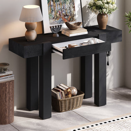 TREXM Rustic Minimalist Console Table with Hidden Drawer, Side Power Outlet,Wood Entryway Table for Entryways, Living Rooms and Home Offices(Black) - 1st Choice Furniture Direct