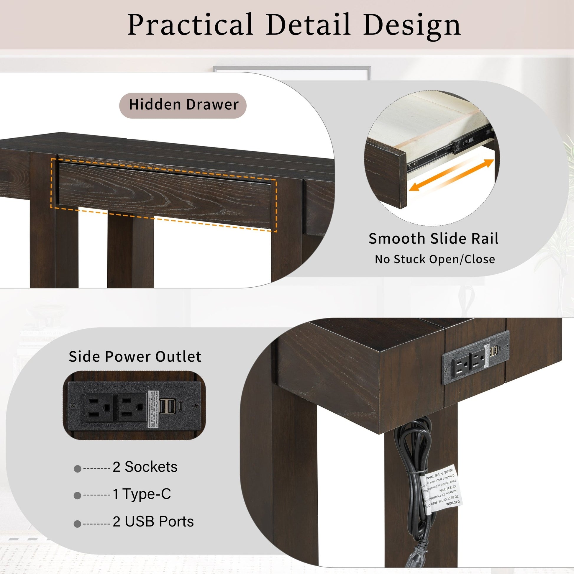 TREXM Rustic Minimalist Console Table with Hidden Drawer, Side Power Outlet,Wood Entryway Table for Entryways, Living Rooms and Home Offices(Espresso) - 1st Choice Furniture Direct