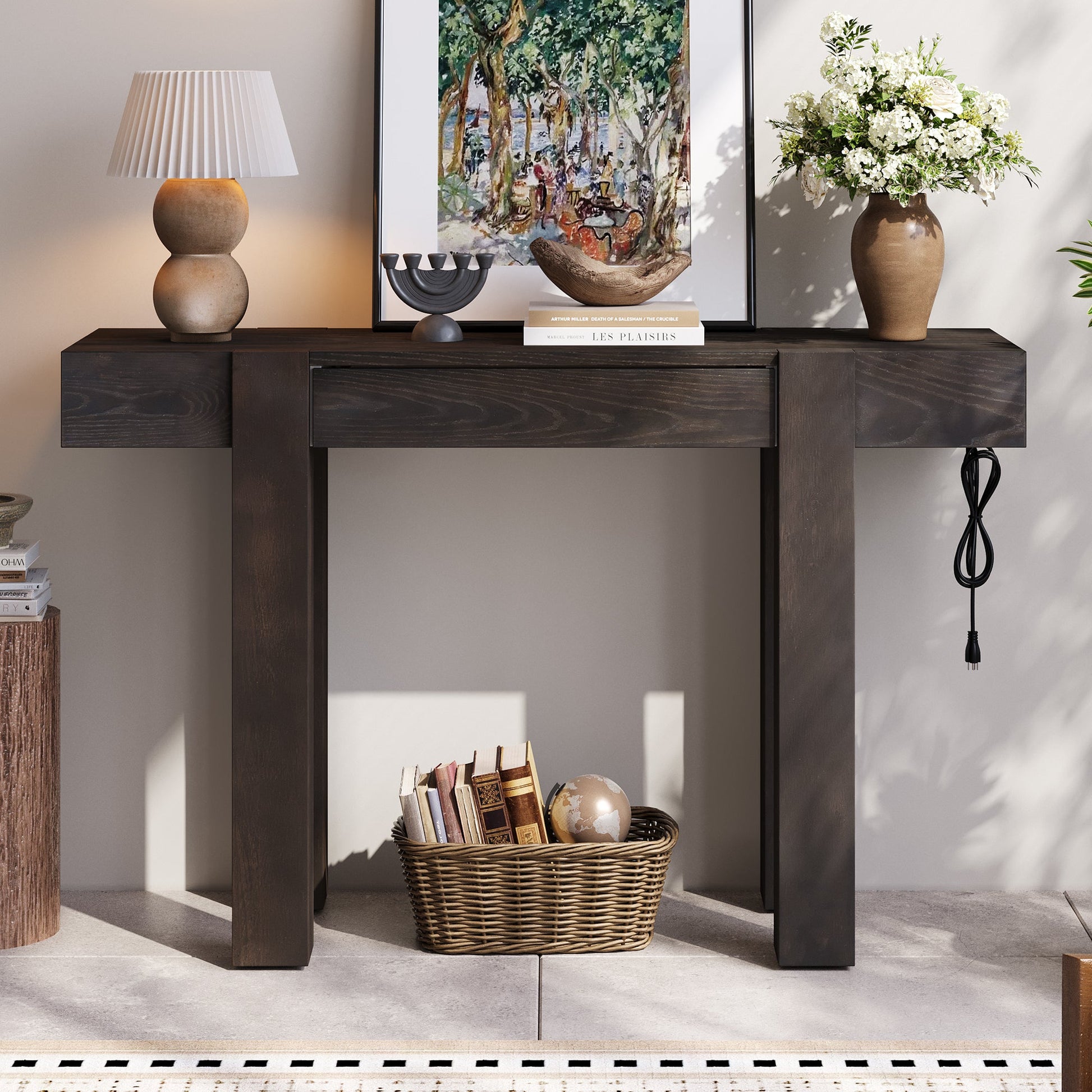 TREXM Rustic Minimalist Console Table with Hidden Drawer, Side Power Outlet,Wood Entryway Table for Entryways, Living Rooms and Home Offices(Espresso) - 1st Choice Furniture Direct