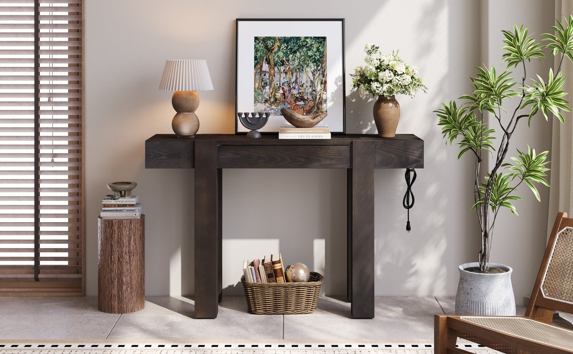 TREXM Rustic Minimalist Console Table with Hidden Drawer, Side Power Outlet,Wood Entryway Table for Entryways, Living Rooms and Home Offices(Espresso) - 1st Choice Furniture Direct