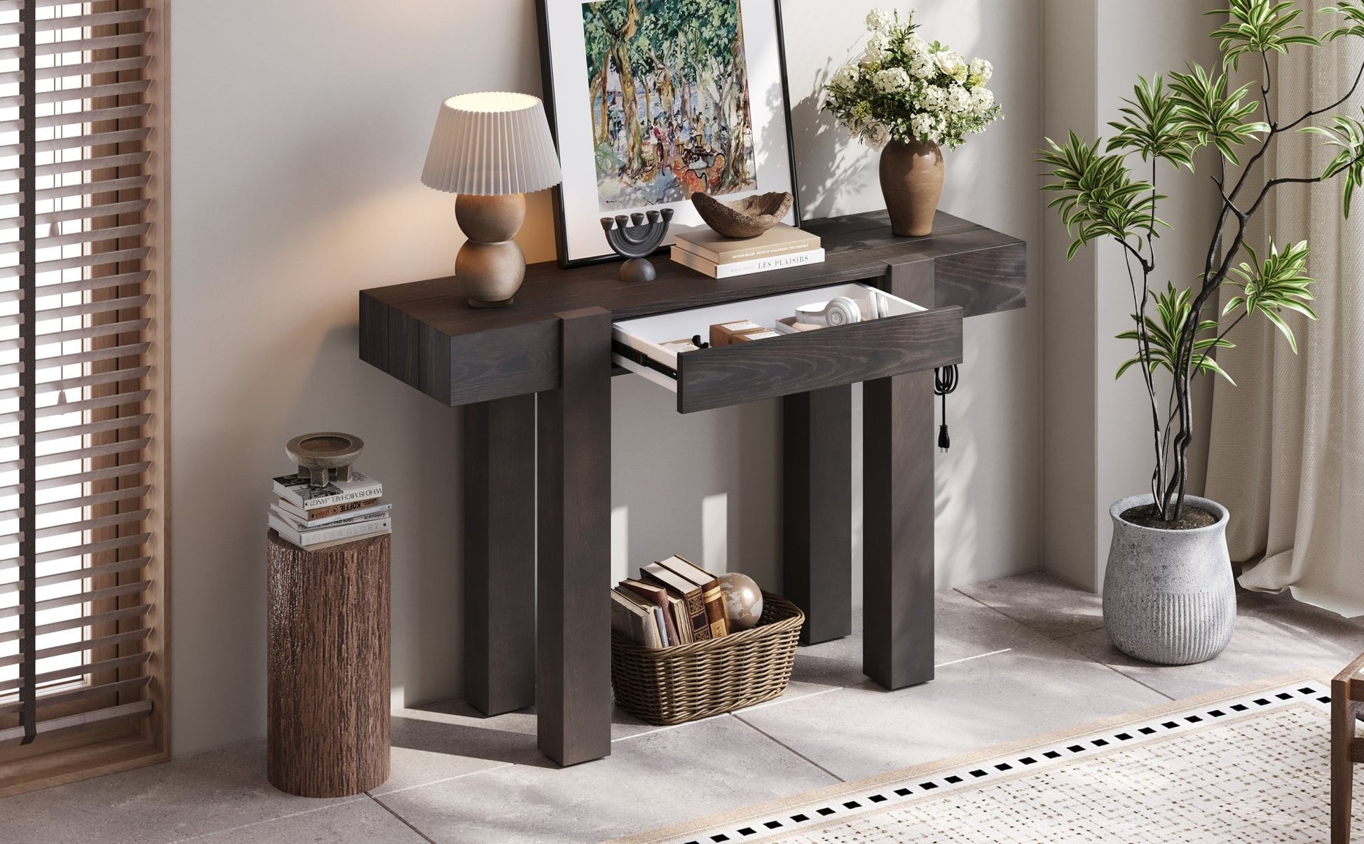 TREXM Rustic Minimalist Console Table with Hidden Drawer, Side Power Outlet,Wood Entryway Table for Entryways, Living Rooms and Home Offices(Espresso) - 1st Choice Furniture Direct