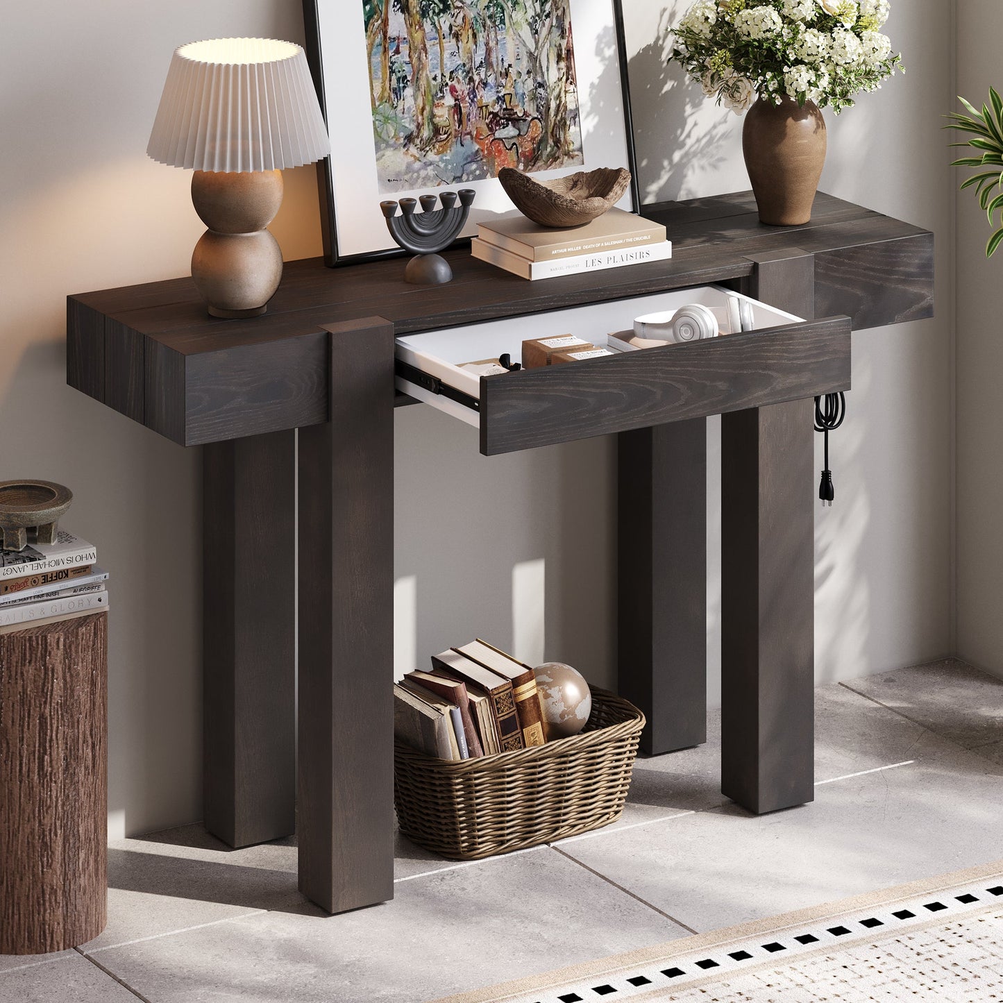 TREXM Rustic Minimalist Console Table with Hidden Drawer, Side Power Outlet,Wood Entryway Table for Entryways, Living Rooms and Home Offices(Espresso) - 1st Choice Furniture Direct